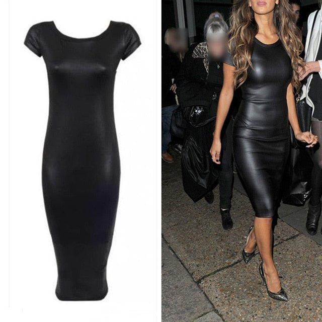 Women's PU Leather Dress Club Autumn Long Sleeve Dresses Pencil Stretch Fashion Hot Sale Black Solid Party Vestidos Dress