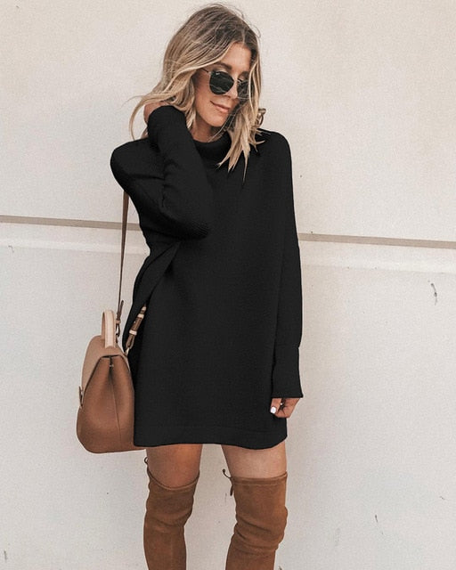 Long Sleeve Women's Knit Dress 2019 Autumn Winter Fashion Slim High Neck Lady's knit Pullover Solid Casual Loose Straight Dress
