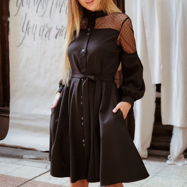 Women Sexy Lace Patchwork a Line Party Dress Ladies Long Puff Sleeve Stand Collar Elegant Dress 2019 Fashion Women Knee Dress