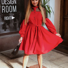 Load image into Gallery viewer, Women Sexy Lace Patchwork a Line Party Dress Ladies Long Puff Sleeve Stand Collar Elegant Dress 2019 Fashion Women Knee Dress