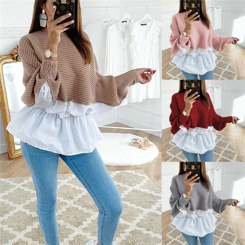 Fashion Women Hoodies Patchwork Design O-Neck Batwing Sleeve Top Elegant Lady Autumn Casual Loose Shirts