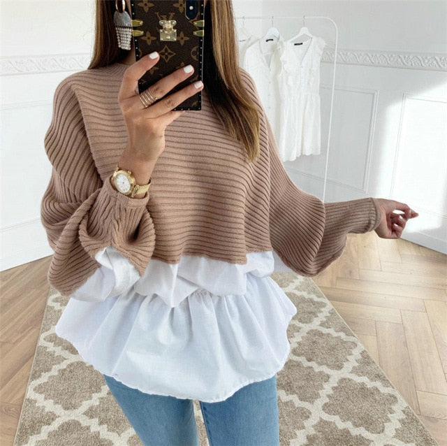 Fashion Women Hoodies Patchwork Design O-Neck Batwing Sleeve Top Elegant Lady Autumn Casual Loose Shirts