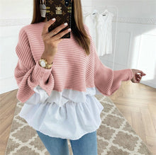 Load image into Gallery viewer, Fashion Women Hoodies Patchwork Design O-Neck Batwing Sleeve Top Elegant Lady Autumn Casual Loose Shirts