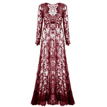 Load image into Gallery viewer, Fashion Summer Women Asymmetrical Patchwork Dress Hollow Out Long  Sleeve V Neck Lace Maxi Dresses