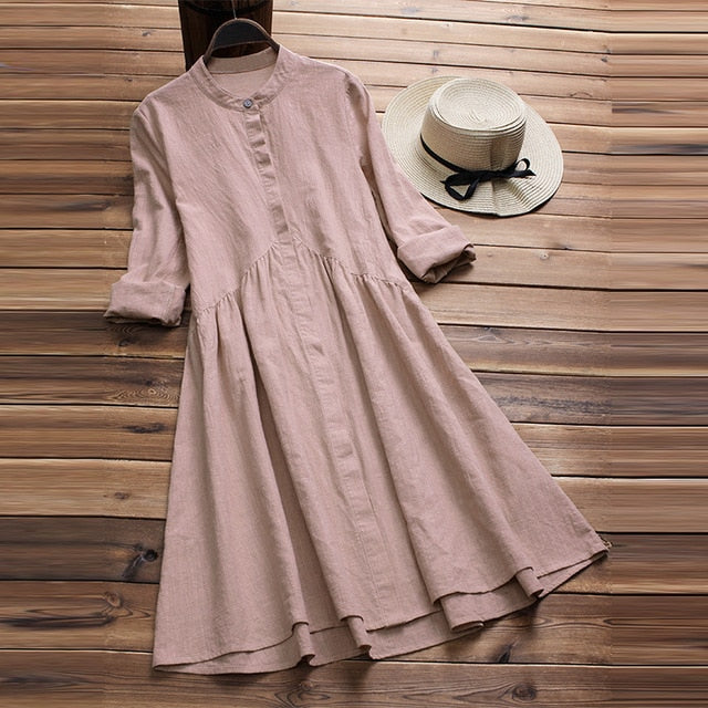 ZANZEA Women Button Down Dress Elegant Lady Cotton Linen Vestido Female Mandarin Collar Dresses Robe Femme Sundress Plus Size